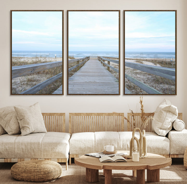 Beach Boardwalk Wall Art Canvas Print, Framed Coastal Serenity Art Picture Print, Ocean View Perfect Coastal Decor Artwork