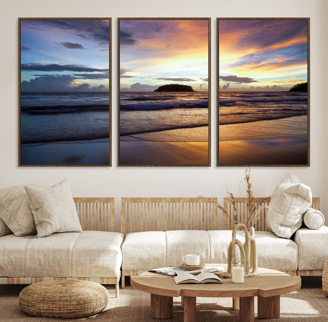 A tropical beach at sunset with waves gently washing ashore, reflecting golden and purple hues in the sky, creating a tranquil coastal scene.