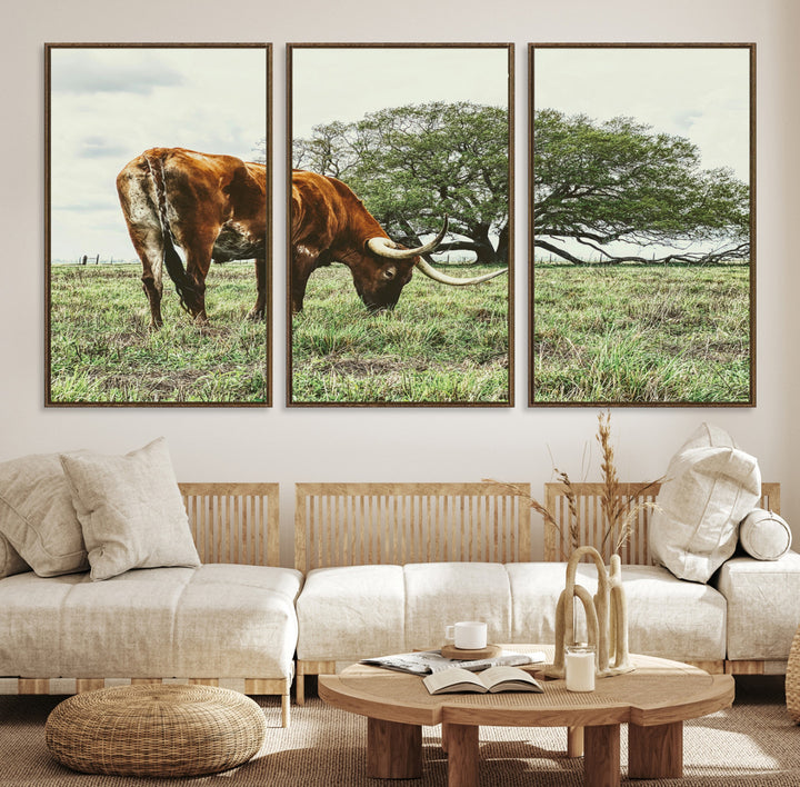 A Texas Longhorn grazing in a green pasture with a large tree in the background, evoking a rustic Western and farmhouse aesthetic.
