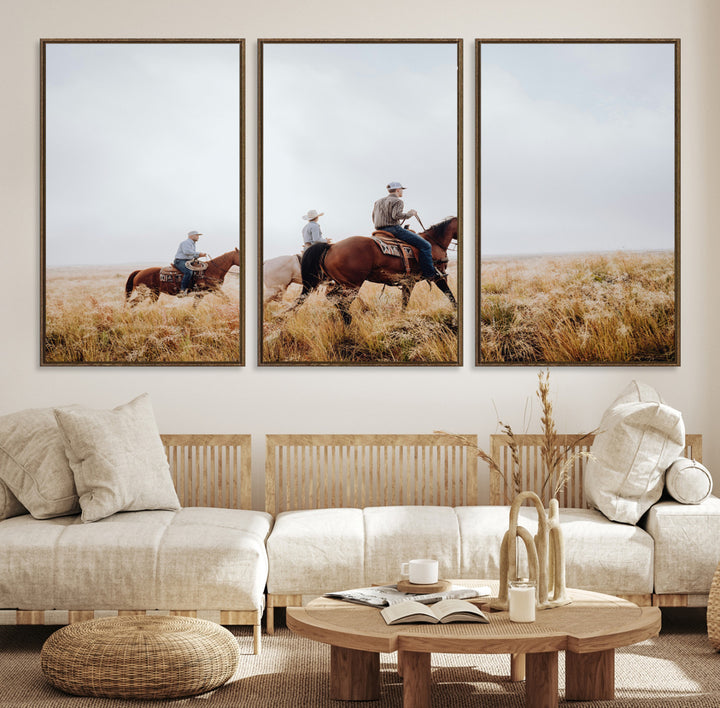 Three cowboys riding horses through a foggy prairie landscape, dressed in Western attire, evoking a rustic and adventurous Wild West aesthetic.