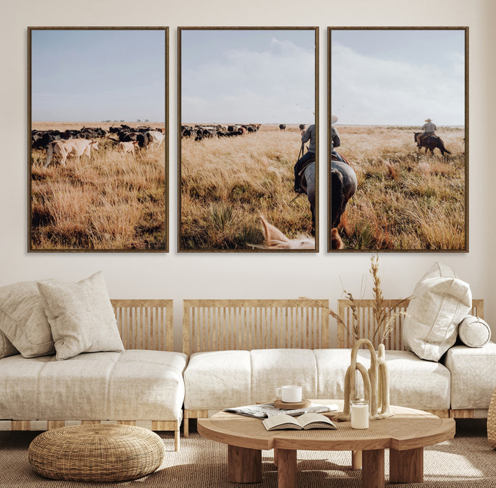 A cowboy and cowgirl on horseback herding cattle through golden grasslands, capturing a rustic and authentic Western ranch lifestyle.