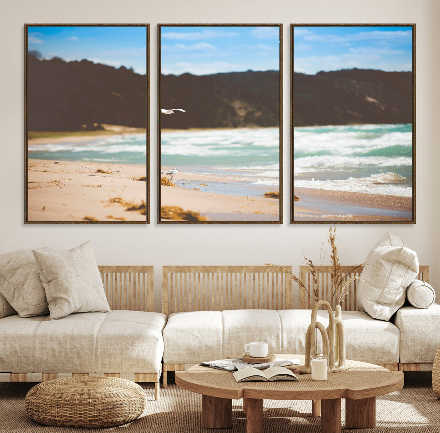 84260965-MGV-CV-36X24-Tranquil Beach Scene Wall Art Canvas Print – Framed Blue Ocean Waves Sandy Shore Coastal Nature Artwork for Home Office