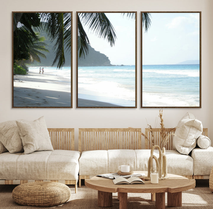 Tropical beach with palm tree shadows, white sand, and turquoise ocean waves, creating a serene and relaxing island escape atmosphere.