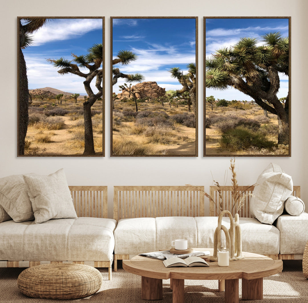 Scenic Joshua Tree landscape with rugged desert terrain, golden dry grass, and a deep blue sky, creating a warm, rustic Southwestern aesthetic.