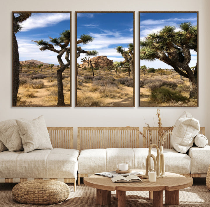 Scenic Joshua Tree landscape with rugged desert terrain, golden dry grass, and a deep blue sky, creating a warm, rustic Southwestern aesthetic.