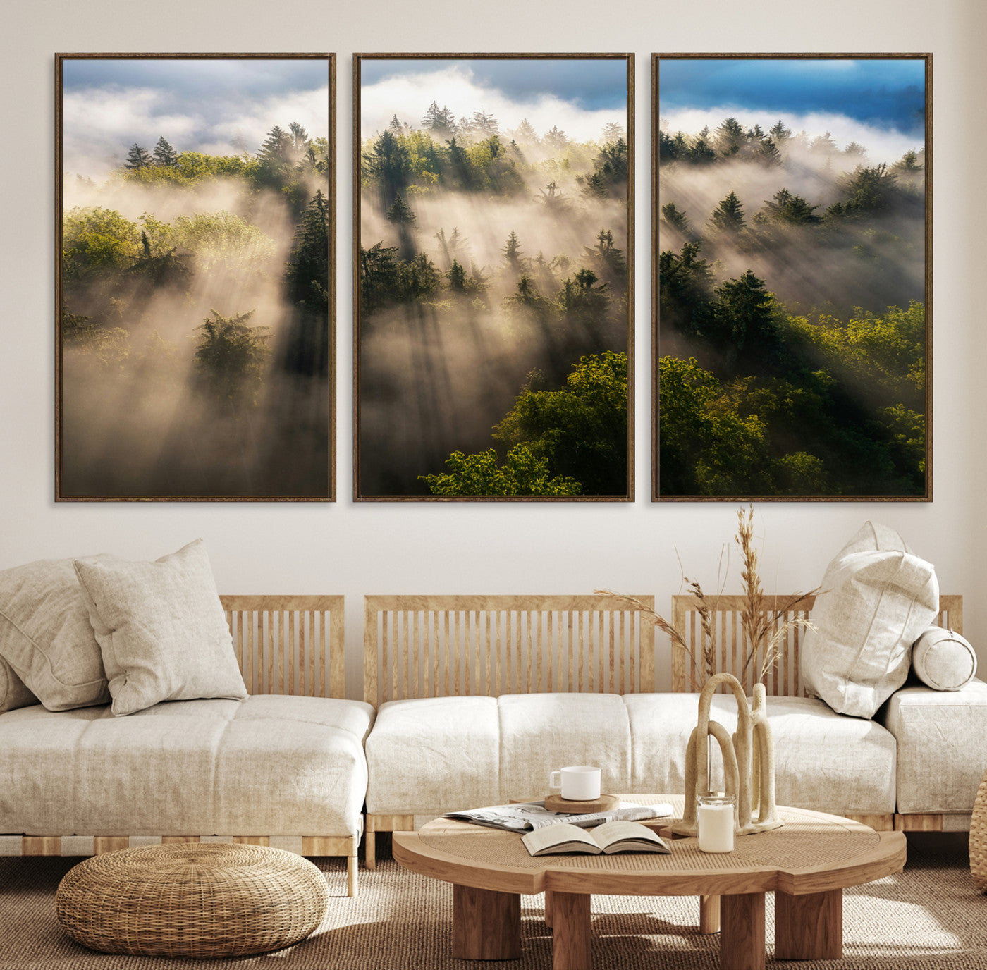 14785710-MGV-CV-36X24-Tranquil Forest Scene Wall Art Canvas Print – Framed Moody Sunbeam Through Trees Nature Artwork for Home Office