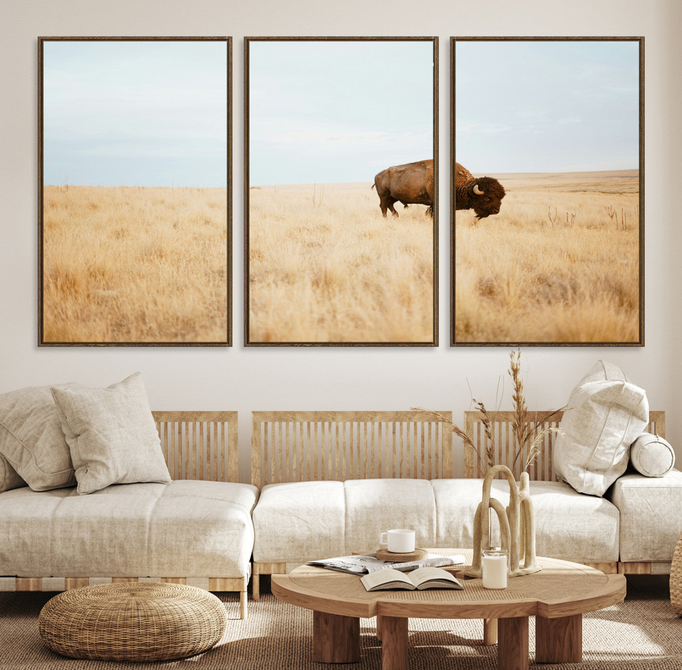61392510-MGV-CV-36X24-Buffalo Wall Art Canvas Print – Framed Western Wildlife Rustic Prairie Scene Nature Artwork for Home Office