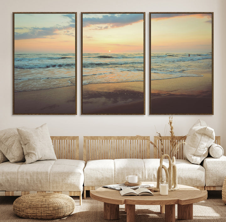Warm sunset over gentle ocean waves with pastel sky and reflections on wet sand, creating a calm and soothing beach ambiance.