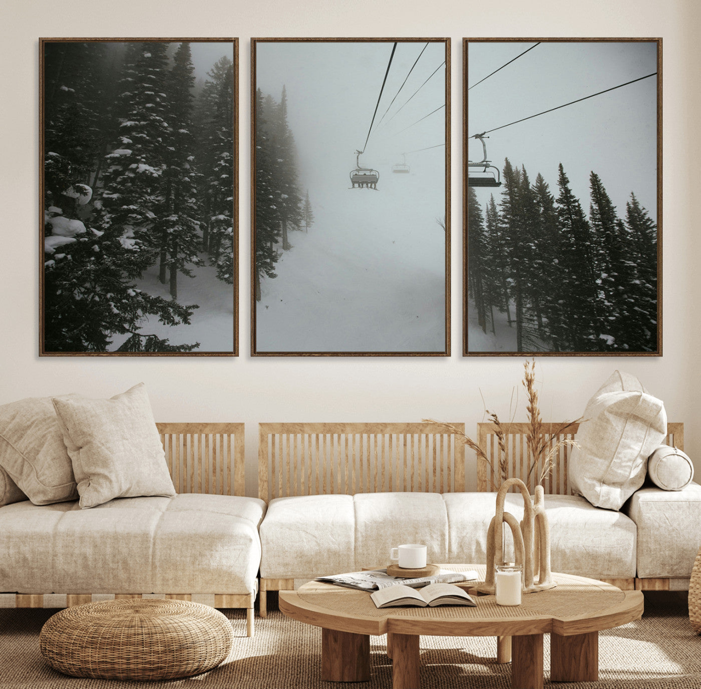 87018452-MGV-FC-60X30-3P_Walnut-Ski Lift Wall Art Canvas Print – Snowy Pines Misty Landscape Winter Serenity Artwork for Home, Office Decor