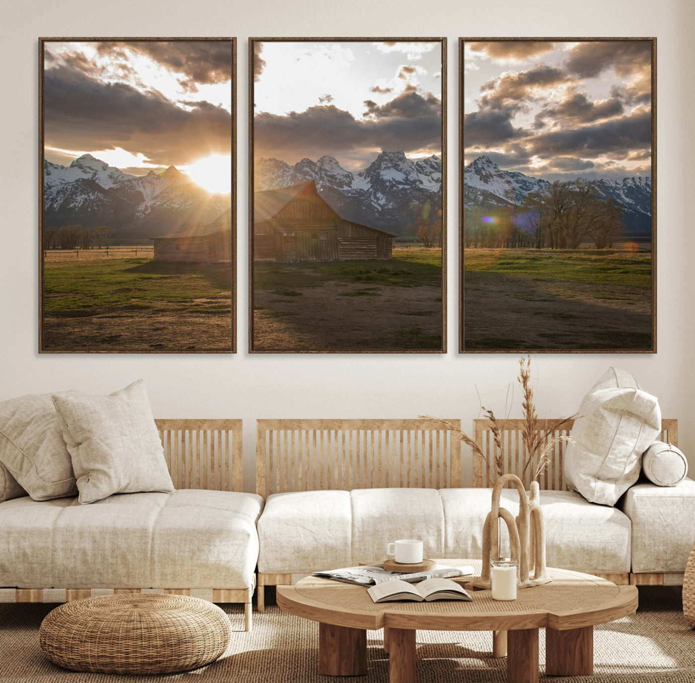 52555760-MGV-FC-60X30-3P_Walnut-Snowy Peaks Wall Art Canvas Print – Rustic Mountain Landscape Nature Escape Winter Forest Artwork for Home, Office