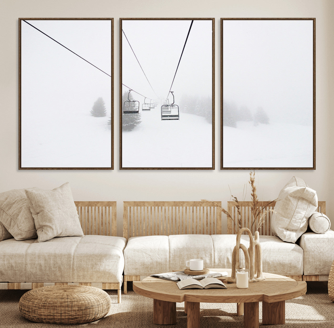20216390-MGV-FC-60X30-3P_Walnut-Ski Lift Wall Art Canvas Print – Snowy Alpine Landscape Nordic Adventure Winter Mountains Artwork for Home, Office