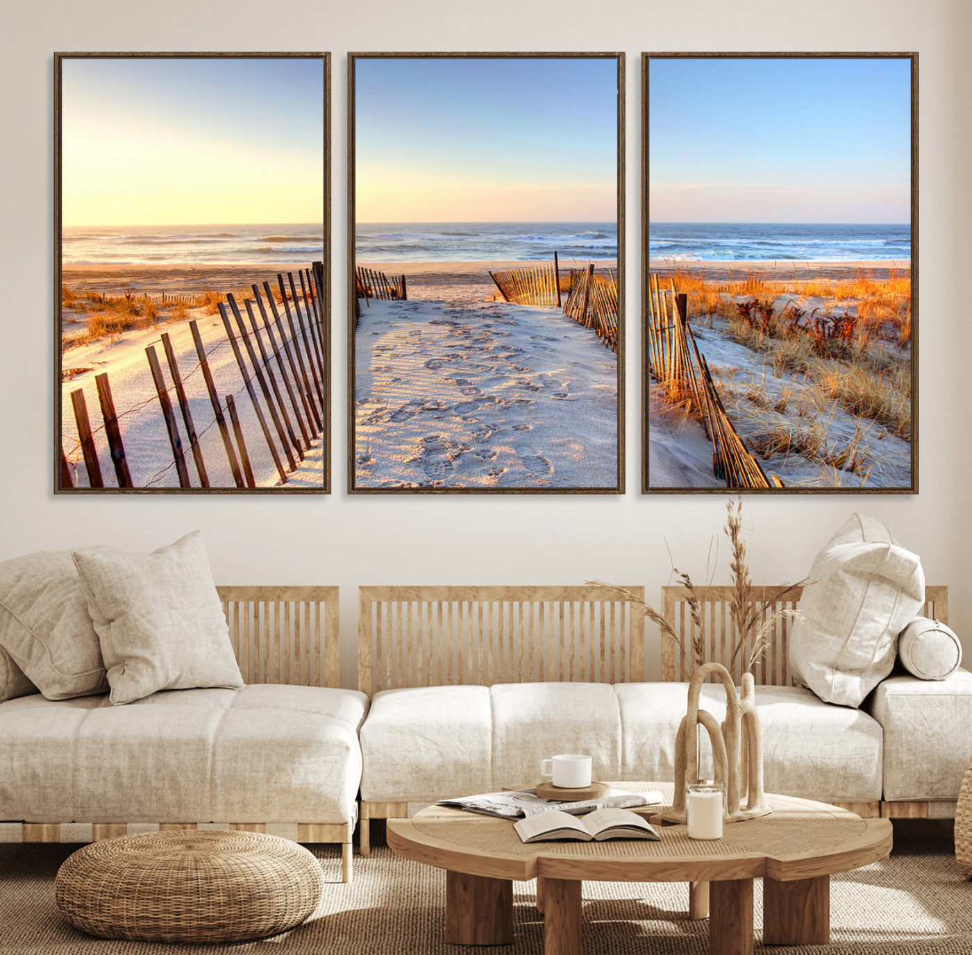 73351887-MGV-FC-60X30-3P_Walnut-Ocean Sunset Wall Art Canvas Print – Nautical Beach Photography Summer Coastal Serenity Artwork for Home, Office