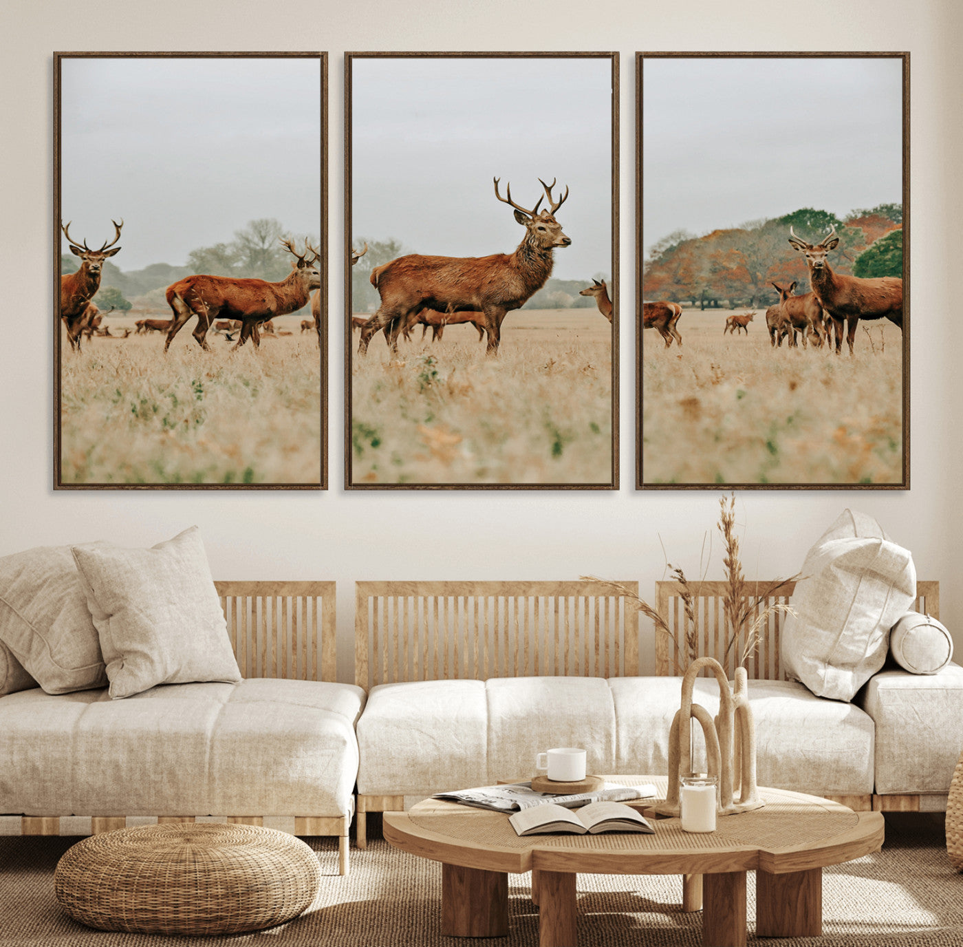 53834371-MGV-FC-60X30-3P_Walnut-Rustic Deer Wall Art Canvas Print – Autumn Forest Woodland Wildlife Scenic Nature Artwork for Home, Cabin