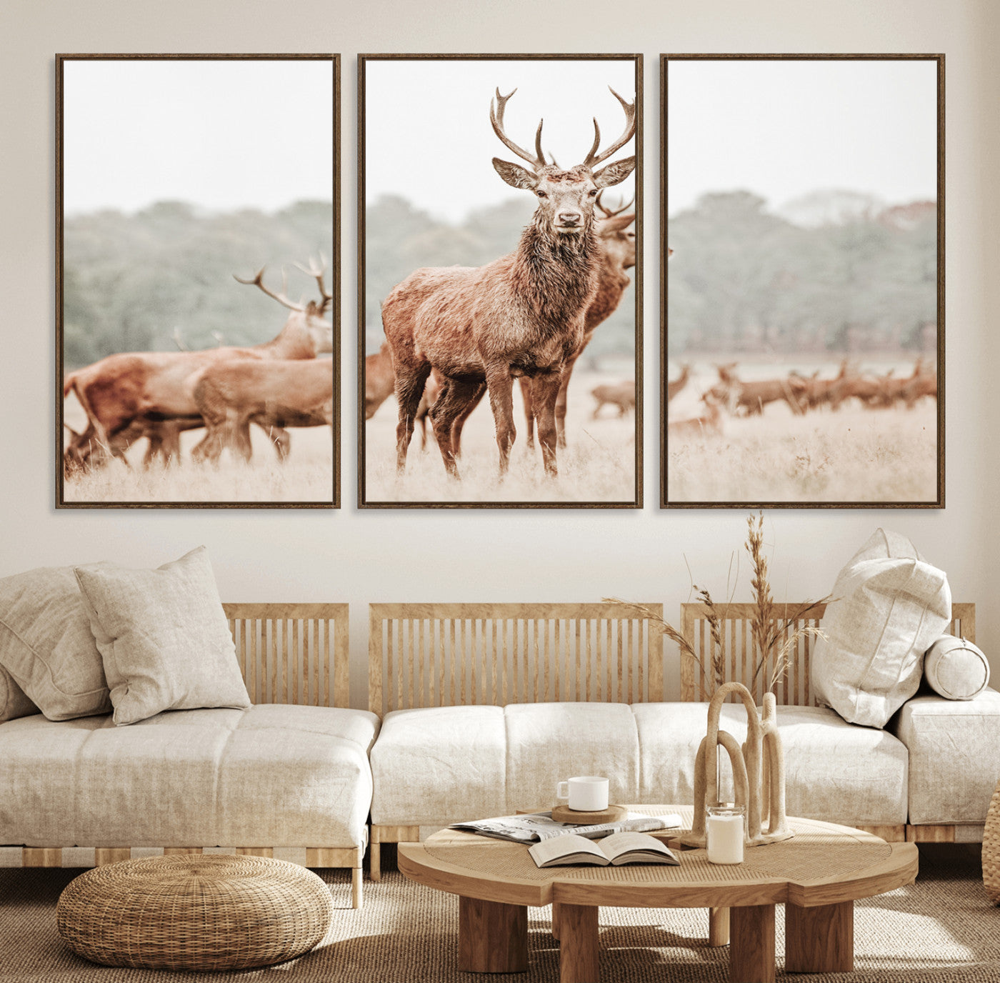 17659786-MGV-FC-60X30-3P_Walnut-Rustic Nature Wall Art Canvas Print – Stag Woodland Framed Wildlife Art Picture Print Perfect Lodge Decor