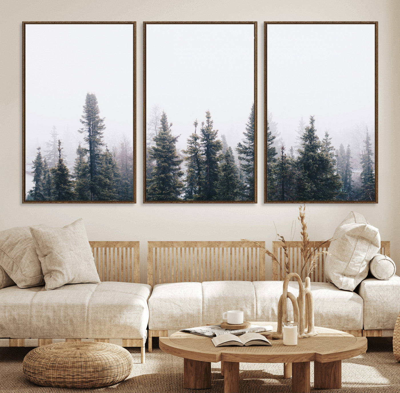 42364796-MGV-FC-60X30-3P_Walnut-Foggy Forest Wall Art Canvas Print – Framed Misty Pines Moody Woodland Nature Scene Artwork for Home Office