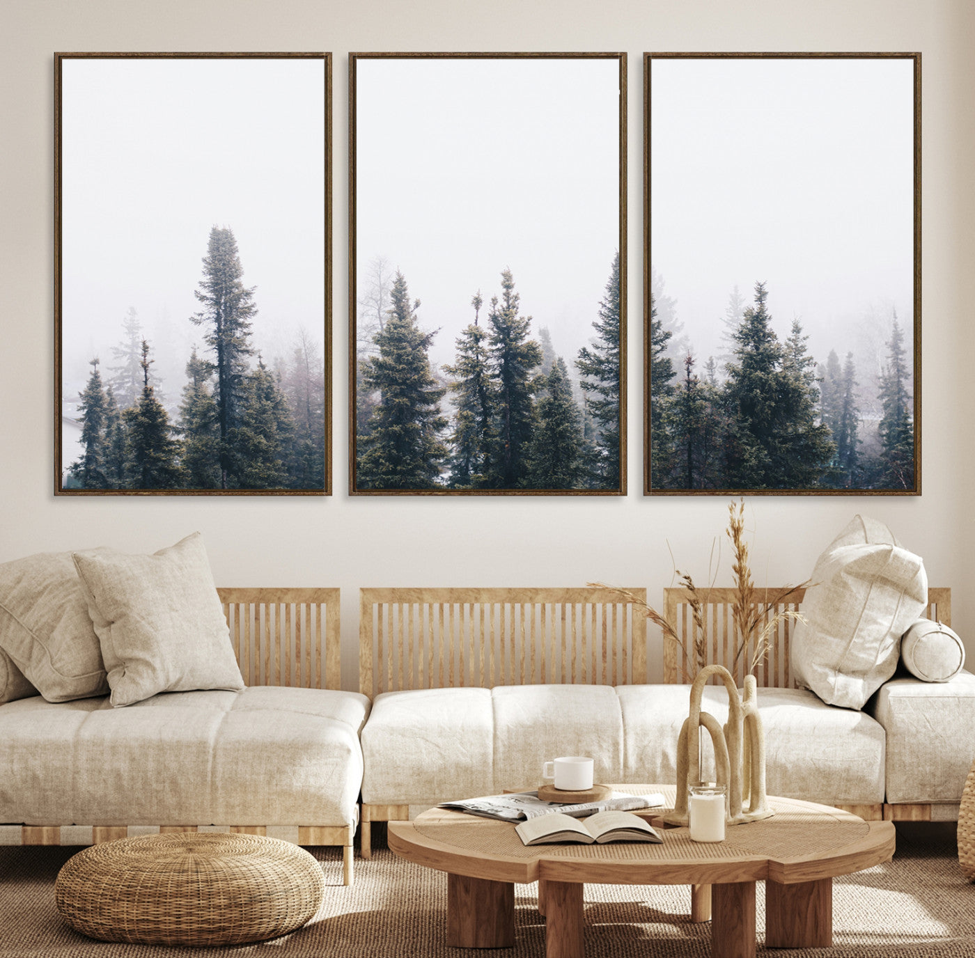 42364796-MGV-CV-36X24-Foggy Forest Wall Art Canvas Print, Framed Misty Pines Art Picture Print, Moody Woodland Perfect Scandinavian Minimalist Decor Artwork