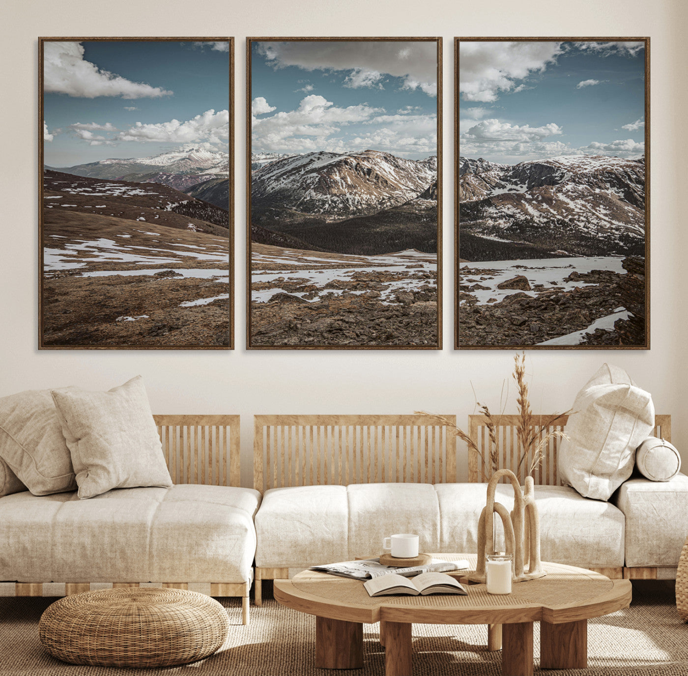 44565953-MGV-FC-60X30-3P_Walnut-Mountain Landscape Wall Art Canvas Print – Framed Snowy Peaks Rugged Highlands Nature Scene Artwork for Home Office