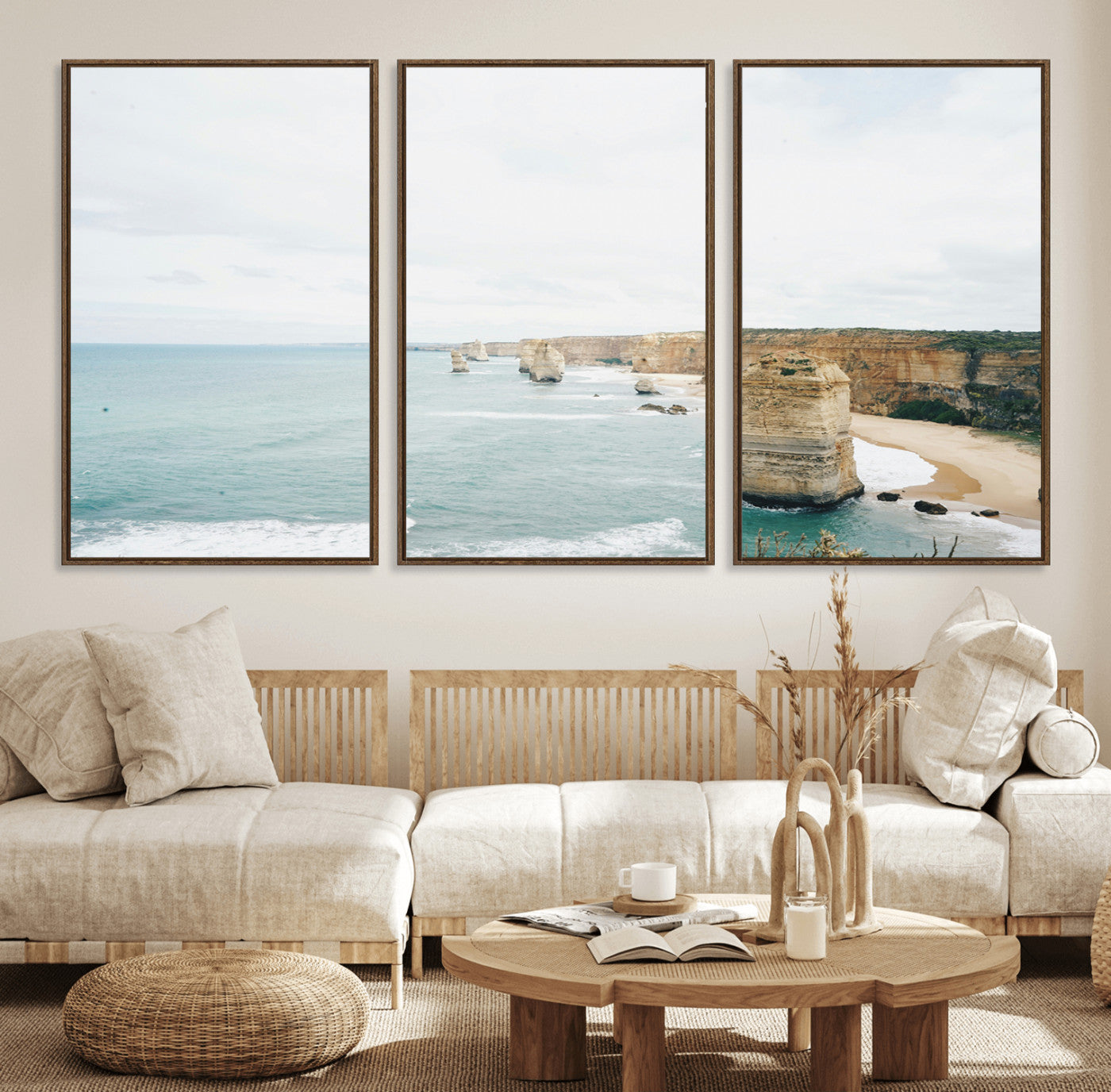 70095633-MGV-FC-60X30-3P_Walnut-Twelve Apostles Wall Art Canvas Print – Framed Coastal Cliffs Rugged Rock Formations Artwork for Home Office