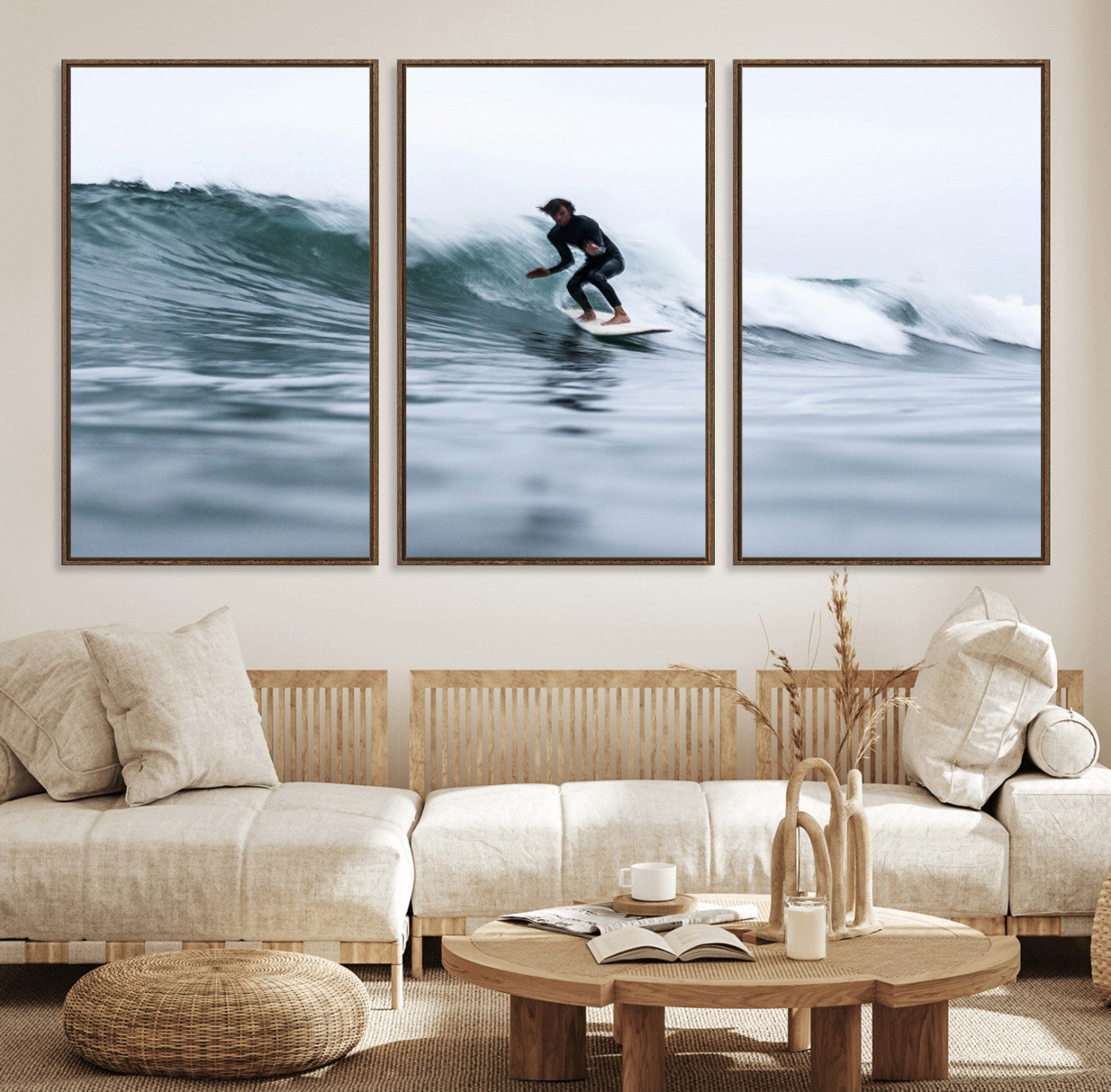 11693607-MGV-FC-60X30-3P_Walnut-Surfer on Wave Wall Art Canvas Print – Framed Ocean Adventure Motion Blur Water Coastal Action Artwork for Home, Office