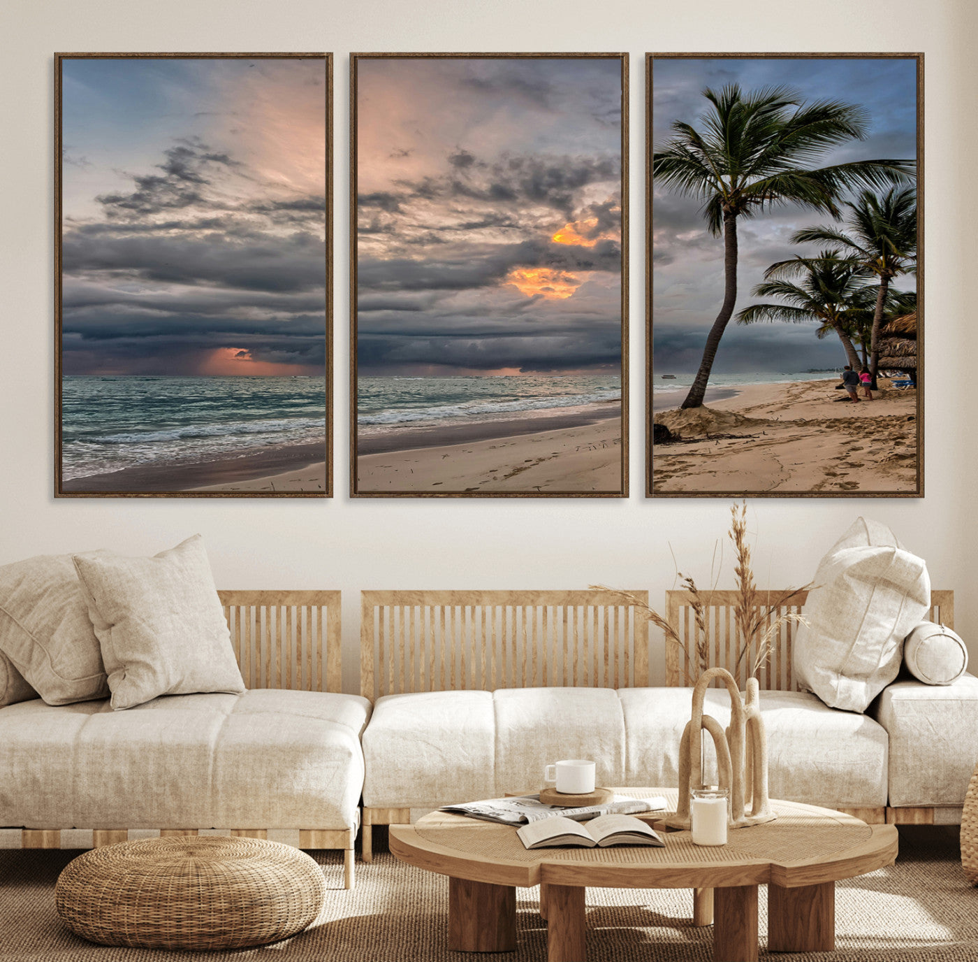 62574547-MGV-FC-60X30-3P_Walnut-Tropical Storm Wall Art Canvas Print – Framed Moody Beach Dramatic Sky Tropical Coastal Landscape Artwork for Home, Office