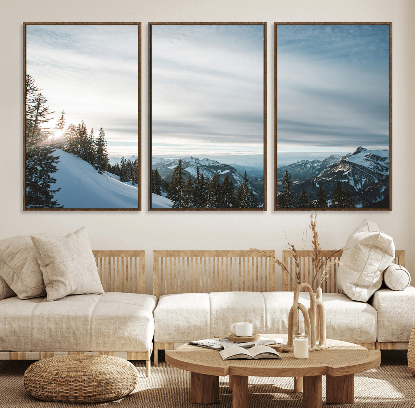 55564749-MGV-FC-60X30-3P_Walnut-Snowy Mountains Wall Art Canvas Print – Framed Alpine Landscape Frosty Peaks Nordic Minimalist Nature Artwork for Home, Office