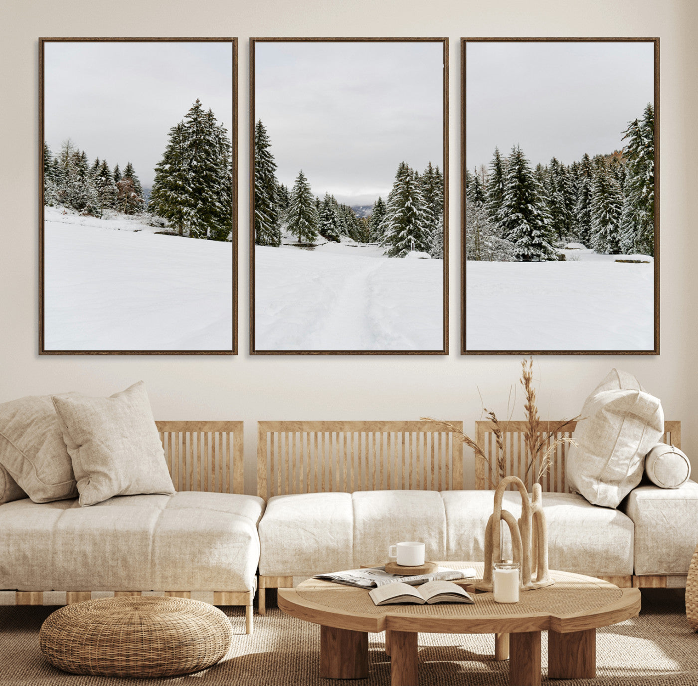 24581417-MGV-FC-60X30-3P_Walnut-Frosty Pines Wall Art Canvas Print – Framed Silent Snowfall Cozy Cabin Nordic Minimalist Winter Landscape Artwork for Home, Office