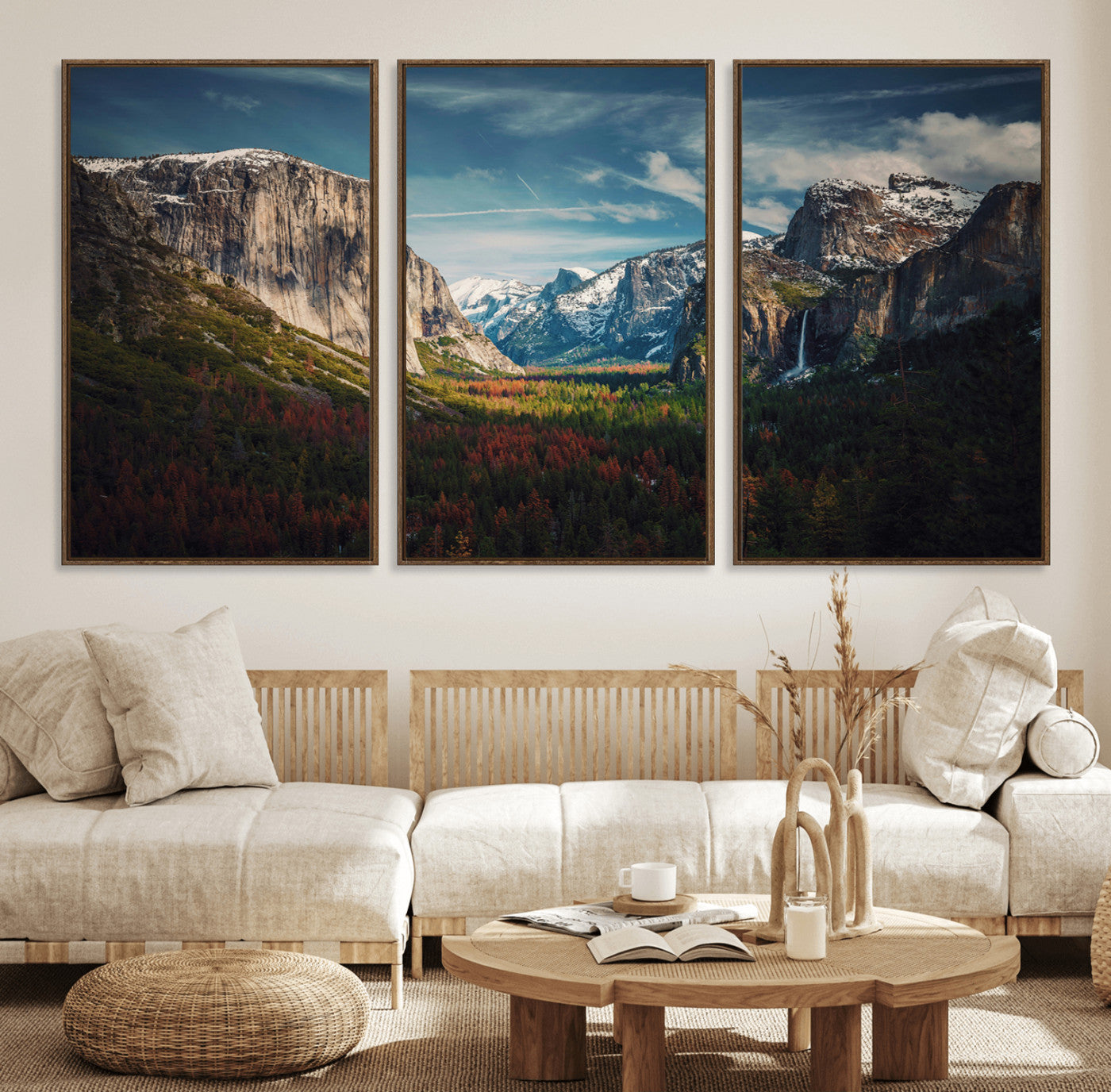 15244033-MGV-FC-60X30-3P_Walnut-Yosemite National Park Wall Art Canvas Print – Framed Mountain Landscape El Capitan Rustic Nature Artwork for Home, Office