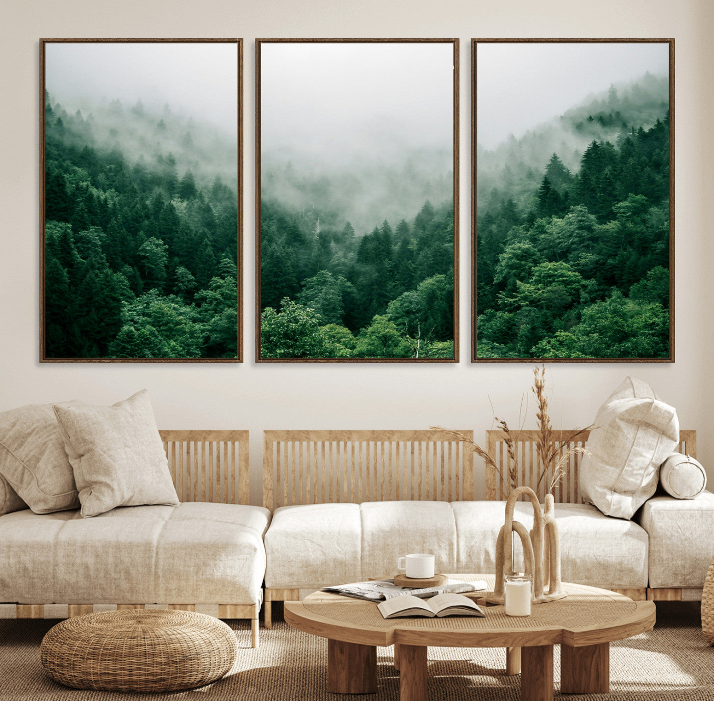 MGV-FC-60X30-3P - Misty Green Forest Canvas Print – Serene Foggy Pine Landscape Wall Art, Tranquil Nature Decor for