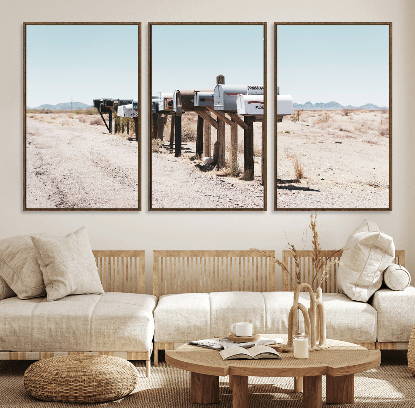 MGV-FC-60X30-3P - Desert Mailboxes Canvas Print – Minimal Western Landscape Photography, Rustic Americana Wall Art for