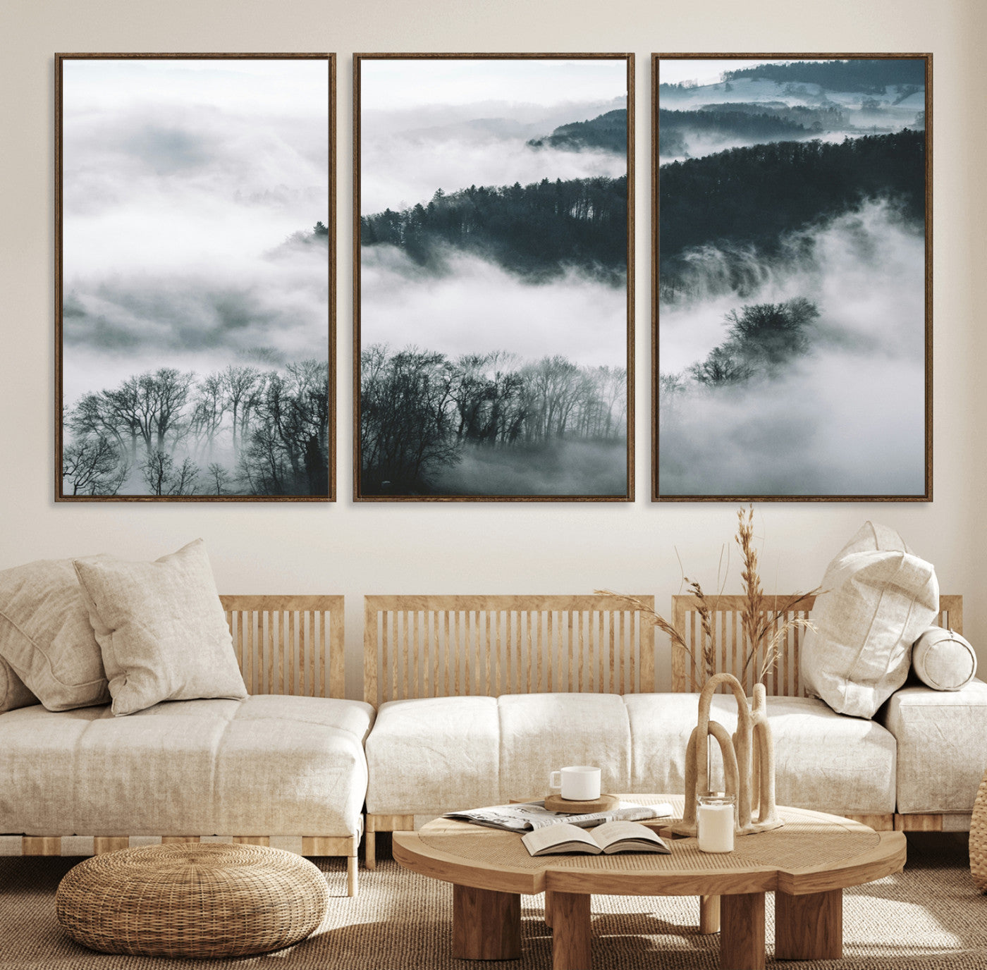 MGV-FC-60X30-3P - Foggy Forest Landscape Wall Art Canvas Print – Misty Mountain Valley Scene in Monochrome Tones,