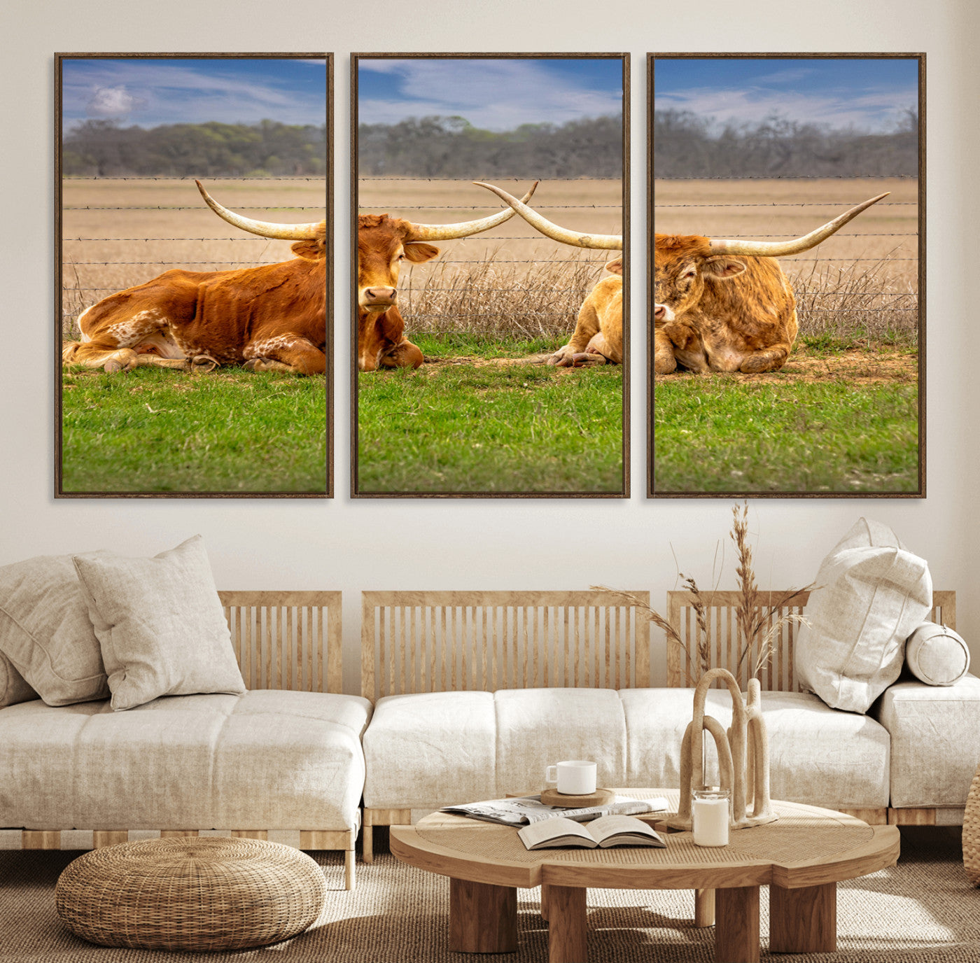 MGV-FC-60X30-3P - Texas Longhorn Pair Wall Art Canvas Print – Peaceful Rustic Ranch Scene with Two Cattle in Field,
