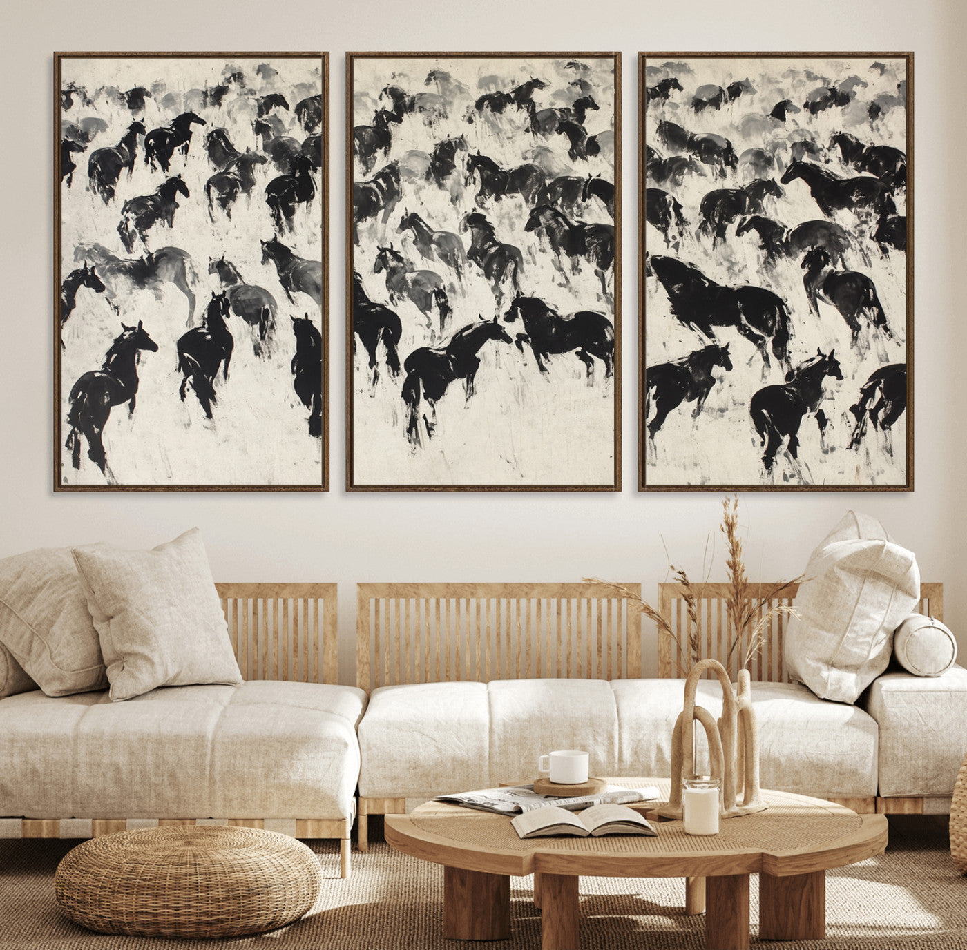 29265745-MGV-FC-60X30-3P_Walnut-Wild Horse Stampede Wall Art Canvas Print – Monochrome Running Horses Dynamic Motion Elegant Scene Artwork for Home, Office