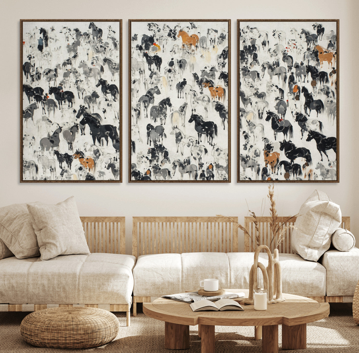 56463722-MGV-FC-60X30-3P_Walnut-Wild Horse Stampede Wall Art Canvas Print – Monochrome Running Horses Dynamic Motion Elegant Scene Artwork for Home, Office