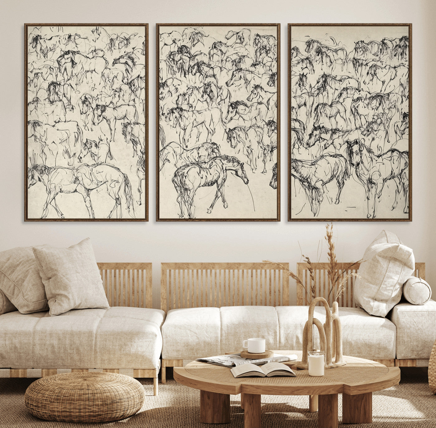 86653927-MGV-FC-60X30-3P_Walnut-Wild Horse Stampede Wall Art Canvas Print – Monochrome Running Horses Dynamic Motion Elegant Artwork for Home, Office