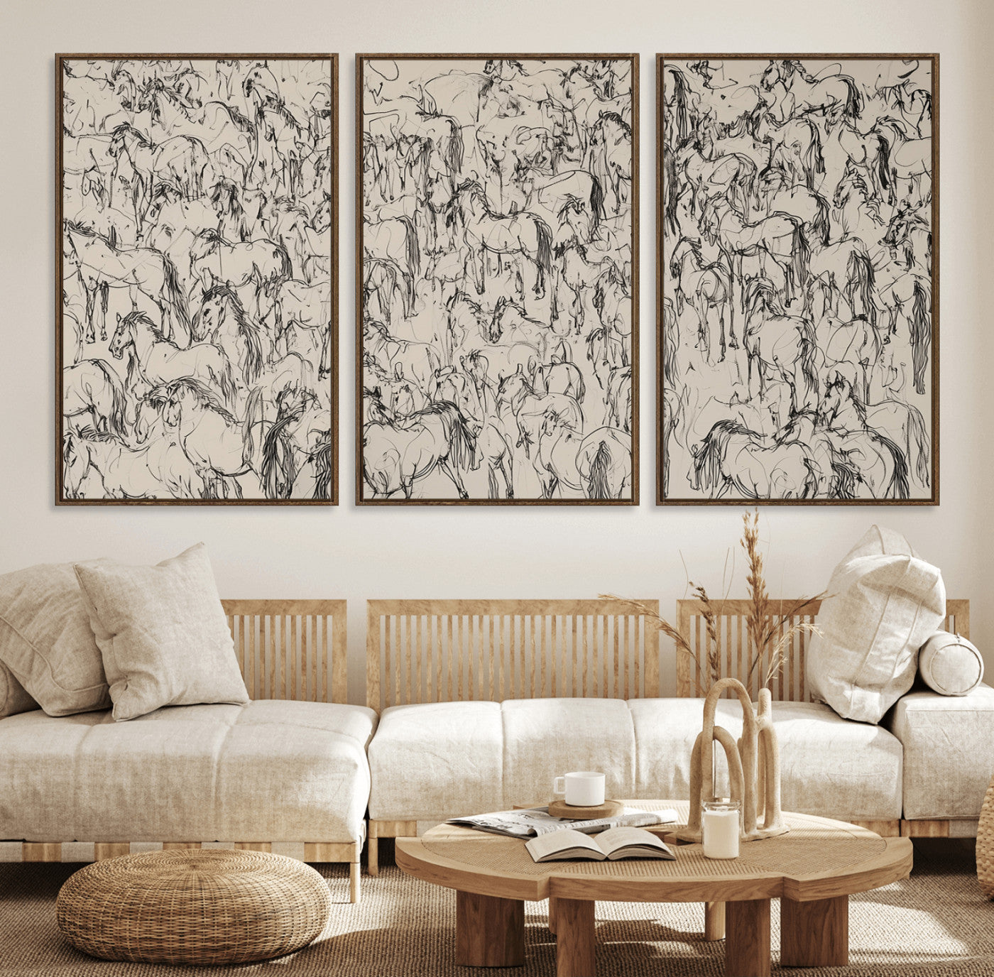 12358908-MGV-FC-60X30-3P_Walnut-Wild Horse Stampede Wall Art Canvas Print – Monochrome Running Horses Dynamic Motion Elegant Artwork for Home, Office