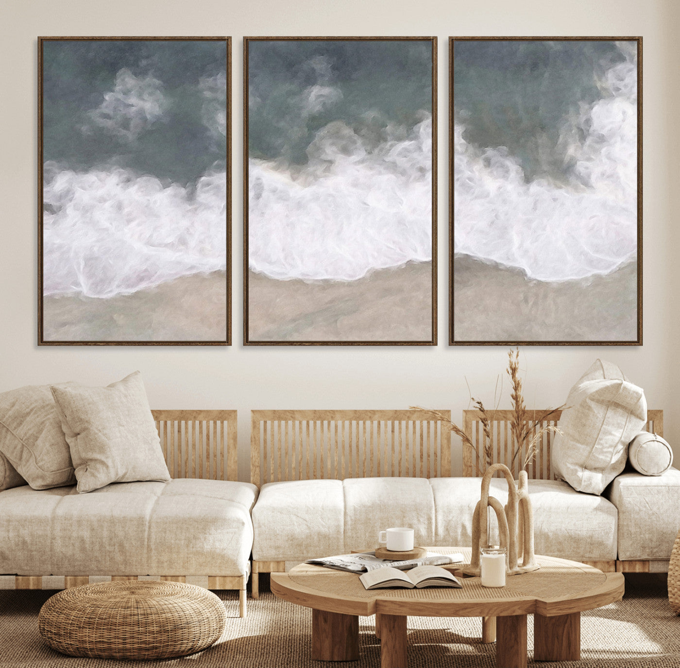 Wall art canvas print featuring foamy ocean waves softly rolling onto a sandy shore with a dreamy, painterly texture.