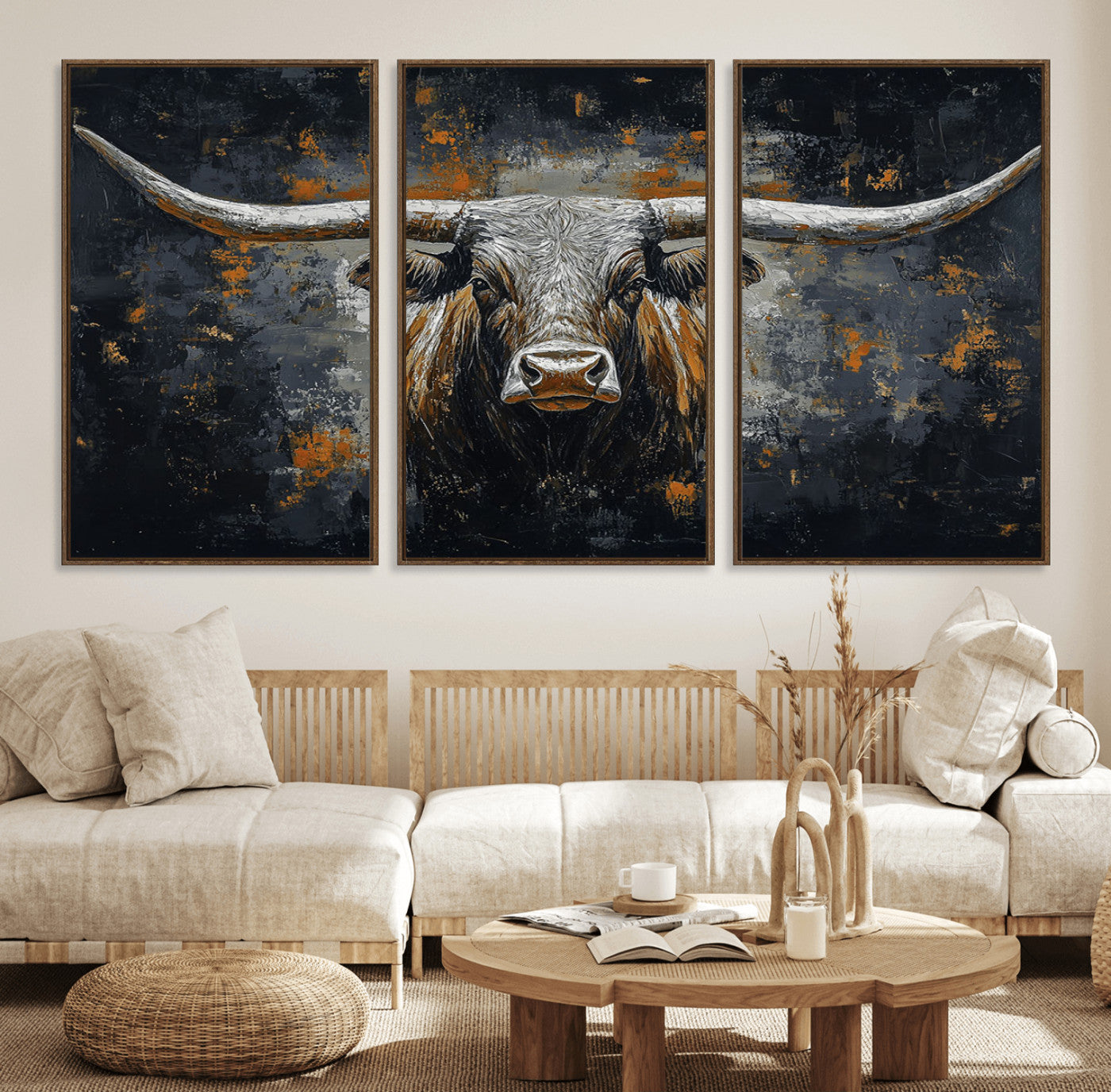 93195031-MGV-CV-36X24-Rustic Longhorn Bull Wall Art Canvas Print – Vintage Western Cattle Scene, Texas Steer Artwork for Home, Office