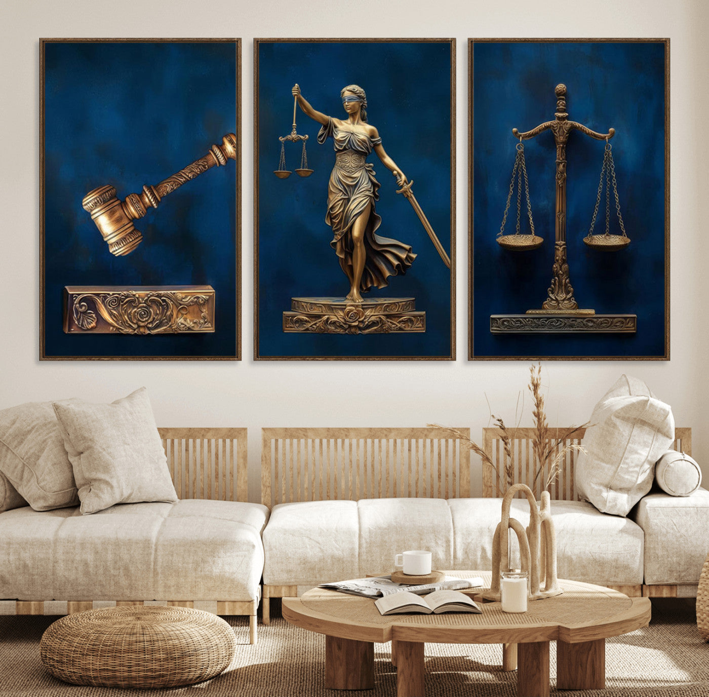 91629053-MGV-FC-60X30-3P_Walnut-Lady Justice Wall Art Canvas Print – Elegant Gold Legal Symbols Blue Background Artwork for Home, Office, Living Room