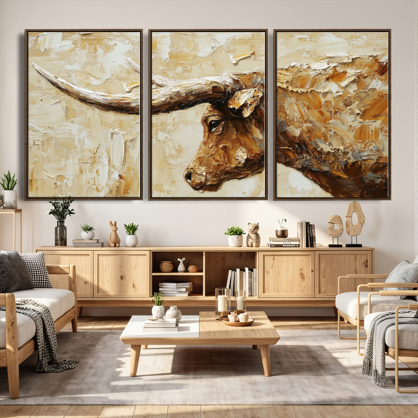 69611428-MGV-CV-36X24 - Rustic Longhorn Bull Wall Art Canvas Print – Vintage Western Cattle Painting, Texas Abstract Wall Cow Prints
