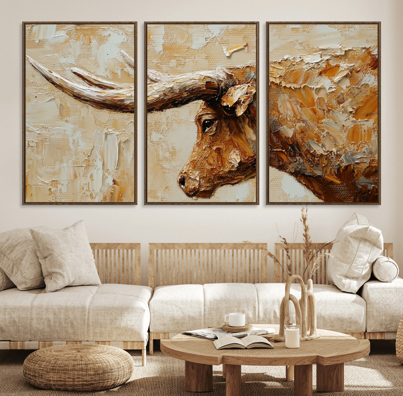 MGV-FC-60X30-3P - Rustic Longhorn Bull Wall Art Canvas Print – Vintage Western Cattle Painting, Texas Steer Artwork