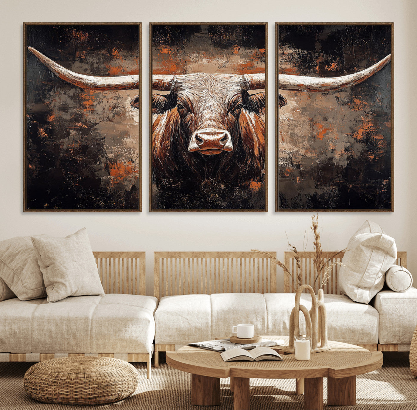 24779067-MGV-FC-60X30-3P_Walnut-Rustic Longhorn Bull Wall Art Canvas Print – Vintage Western Cattle Scene, Texas Steer Artwork for Home, Office