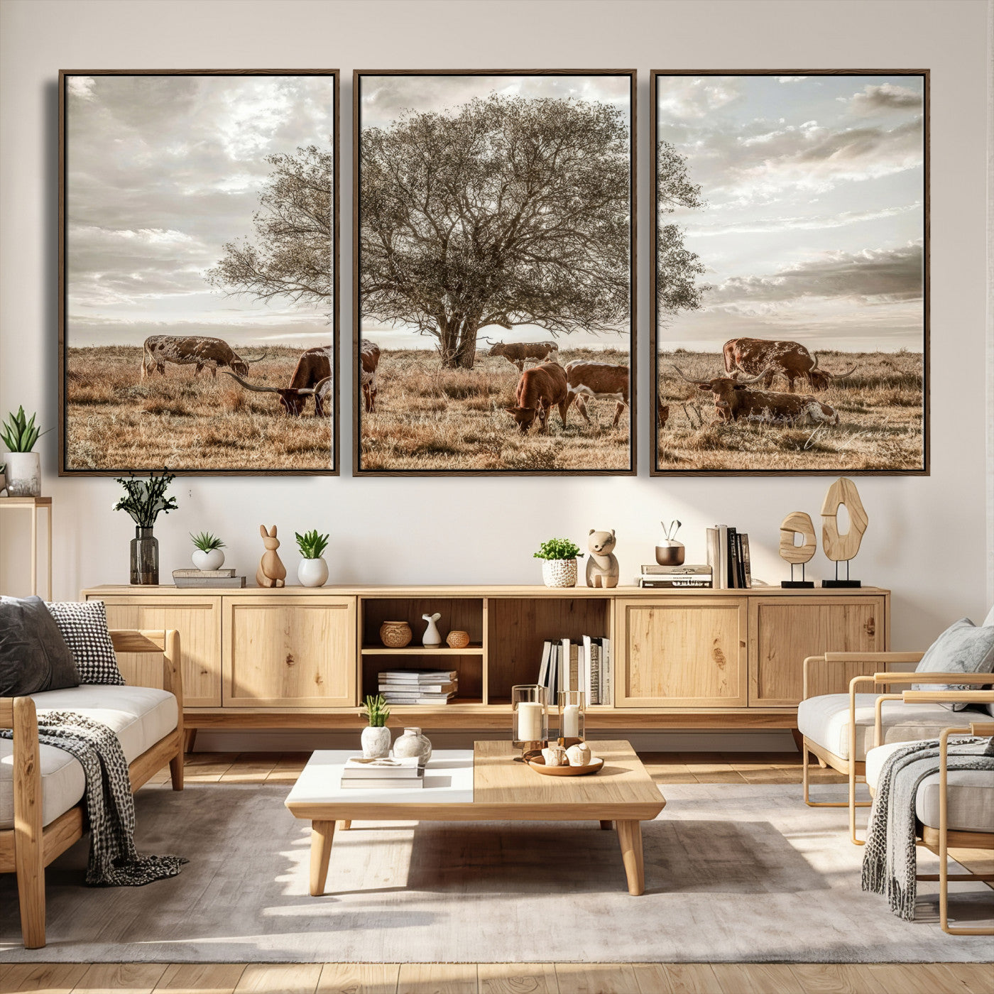 87590224-MGV-CV-36X24 - Texas Longhorn Cattle Wall Art Canvas Print – Rustic Western Ranch Scene with Steers at Sunset, Perfect for Farmhouse or Cowboy Decor