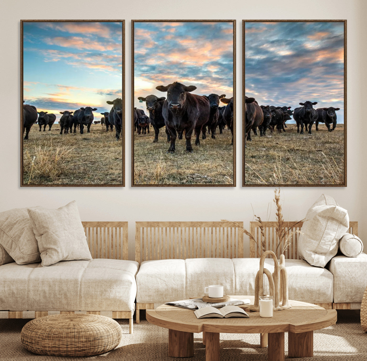 13867292-MGV-FC-60X30-3P_Walnut-Texas Longhorn Cattle Wall Art Canvas Print – Rustic Western Ranch Scene with Steers Sunset for Home, Office