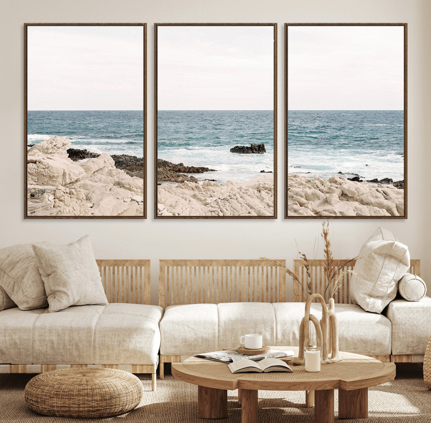 25481980-MGV-FC-60X30-3P_Walnut-Coastal Ocean View Wall Art Canvas Print – Serene Rocky Shoreline and Blue Sea Photography for Home, Office