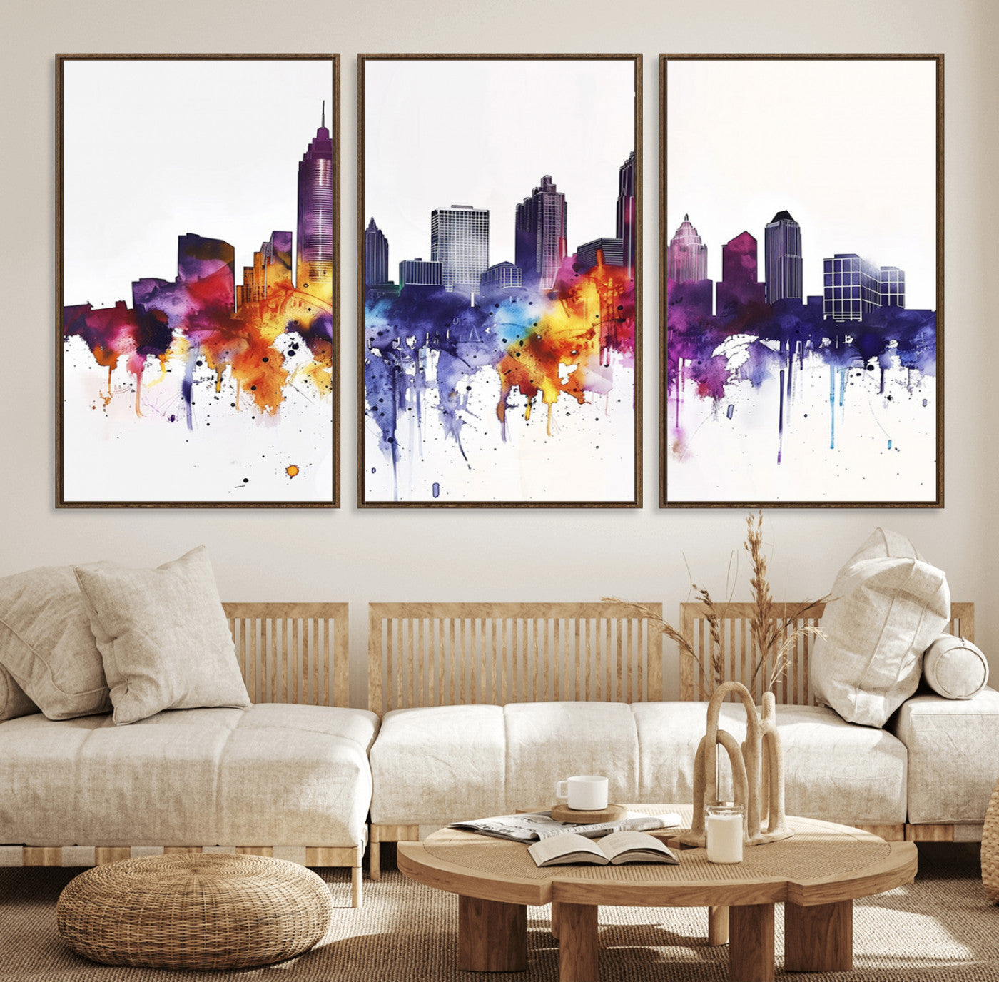 34479880-MGV-FC-60X30-3P_Walnut-Atlanta Skyline Wall Art Canvas Print – Framed Colorful Watercolor Cityscape Artwork for Home, Office, Living Room