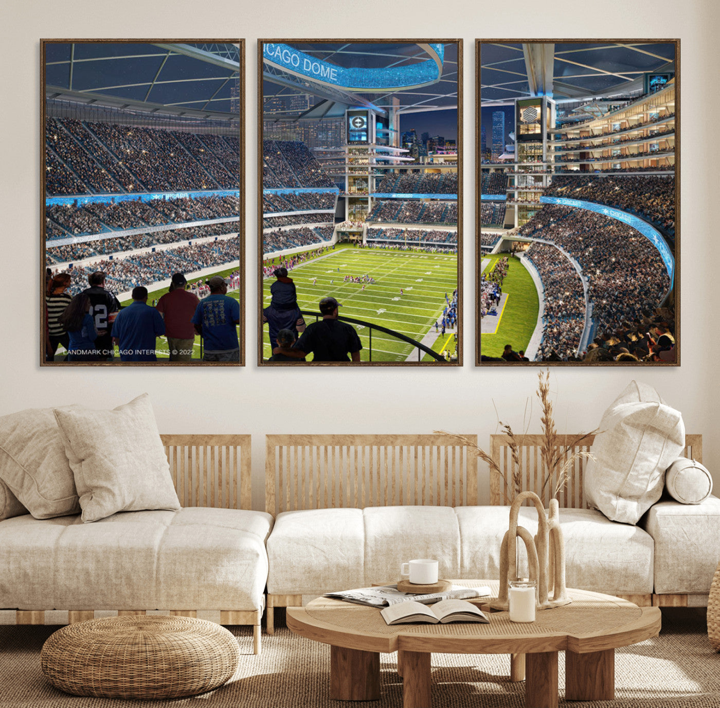 41816511-MGV-FC-60X30-3P_Walnut-Chicago Dome Stadium Wall Art Canvas Print – Framed Modern Football Arena City Skyline Artwork for Home, Office
