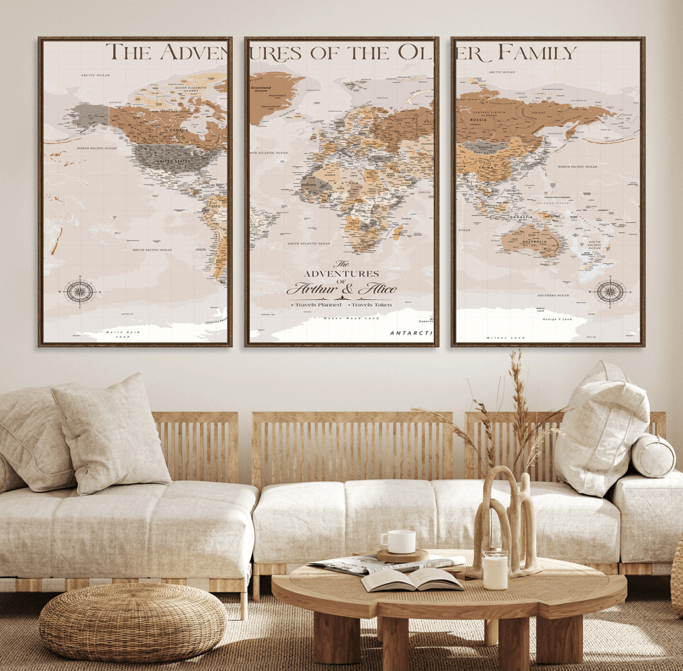 43101120-MGV-FC-60X30-3P_Walnut-Personalized Push Pin World Map Canvas – Custom Framed Travel Tracker Wall Art, Large Adventure Map with Pins for Home, Office