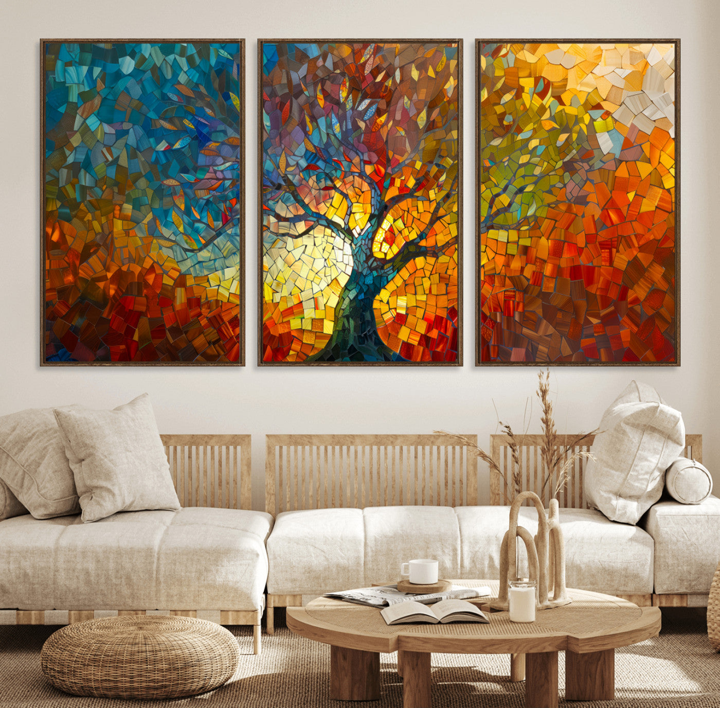 MGV-FC-60X30-3P - Yggdrasil Tree of Life Mosaic Stained Glass Wall Art Canvas, Yggdrasil Tree of Life Mosaic Canvas