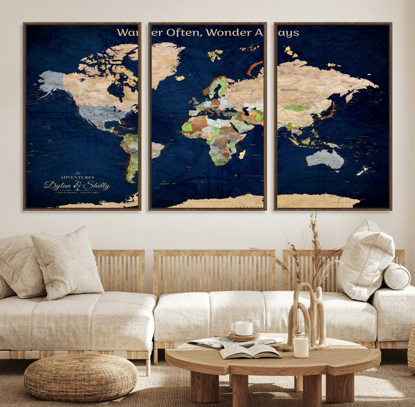 Rehber01-MGV-CV-36X24-Personalized World Map Canvas – Custom Framed Push Pin Travel Map Wall Art, Navy Blue Vintage Gift for Couples and Adventurers