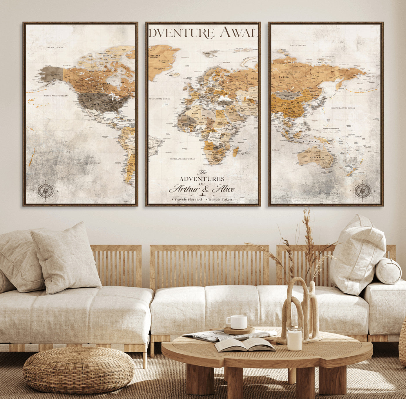 Rehber01-MGV-CV-36X24-Personalized World Map Canvas Print – Custom Push Pin Travel Map Vintage Neutral Style Gift for Couples Travelers for Home Office